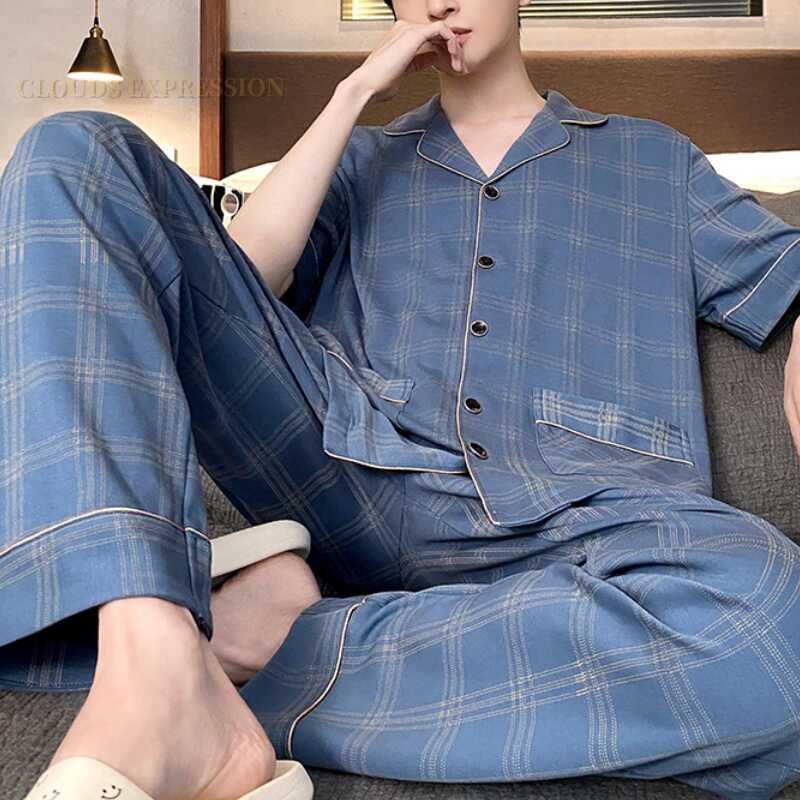❤ 2025 Summer Knitted Plaid Men's Pyjamas Plus SIZE 4Xl Pama Sets Casual Pjs Lounge Masculine S