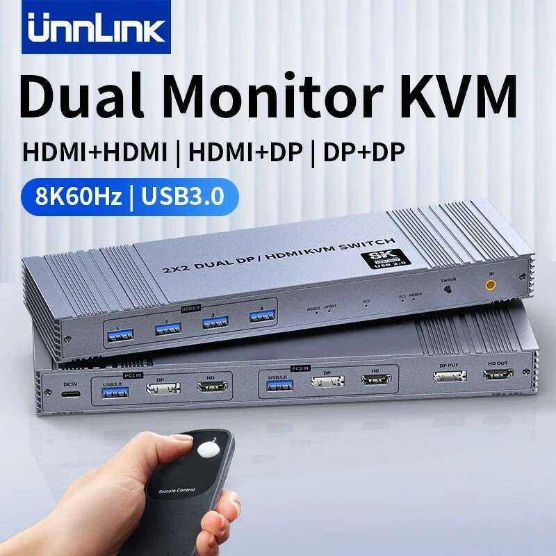 Unnlink 8K 60Hz 2x2 Dual Monitor KVM Switch 4K 120Hz HDMI DP KVM Video Switcher 2K 165Hz แบ่งปัน USB