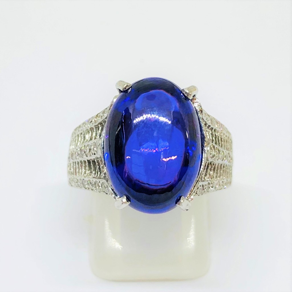 แหวนเงิน size 55; แหวนเงิน พลอยสังเคราะห์สีน้ำเงิน หลังเบี้ย เพชรสวิส SA285