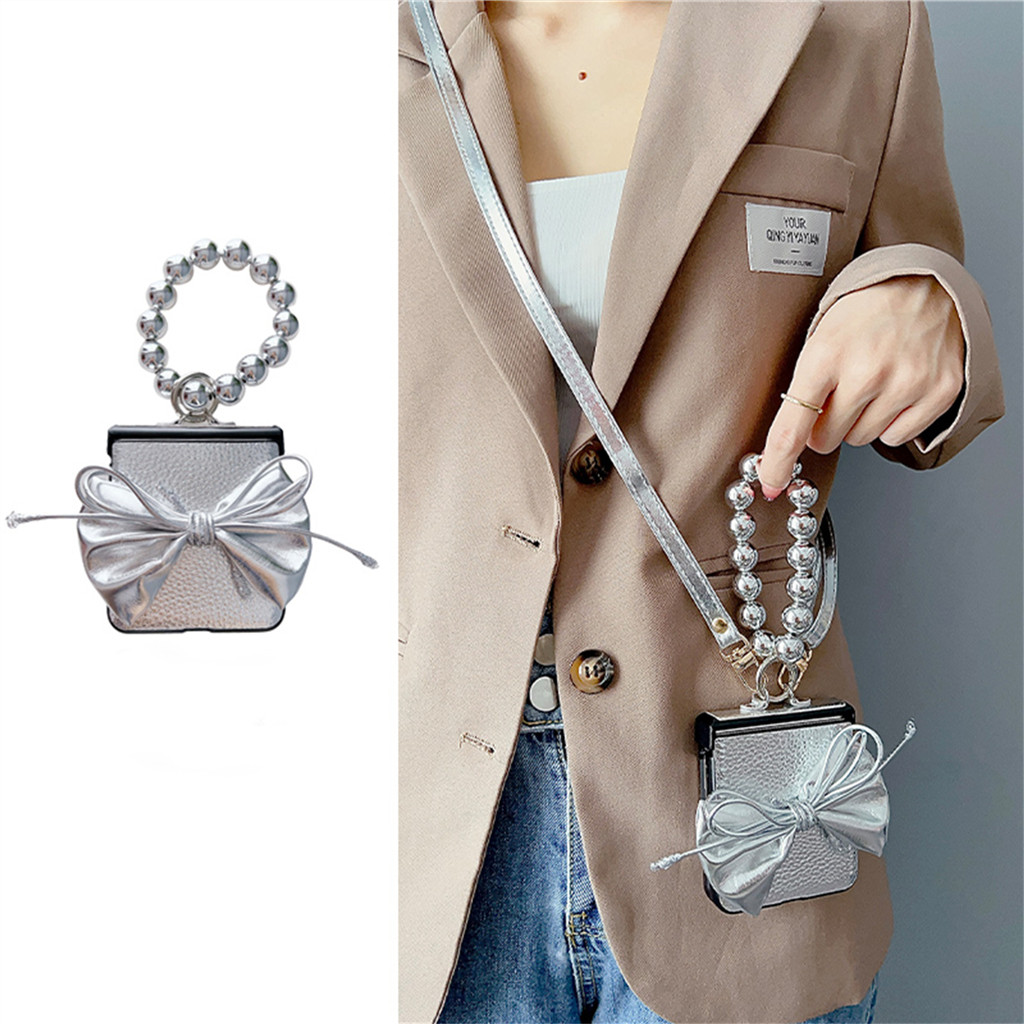 SAMSUNG หรูหราCrossbody LanyardสายรัดSilver Bow Licheeรูปแบบเคสโทรศัพท์พร้อมแหวนสําหรับSamsung Galaxy Z Flip 7 Z Flip6 ZFlip 5 ฝาครอบ