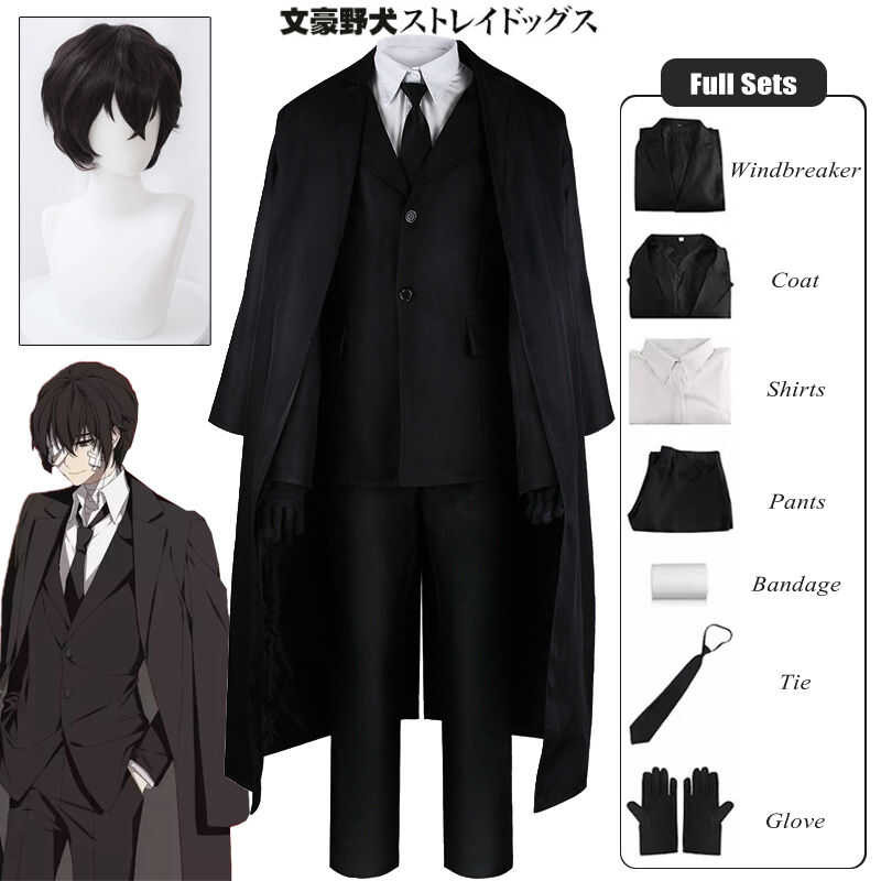 LY Anime Bungo Stray Cosplay Costume Osamu Dazai Black Suits Long Jacket Coat Shirts Pants Tie Glov