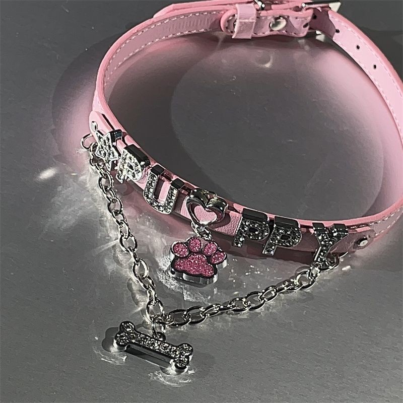 Girl Pink Bone Leather Necklace Choker Hot Girl Subculture Land Mine Dopamine Millennium Niche