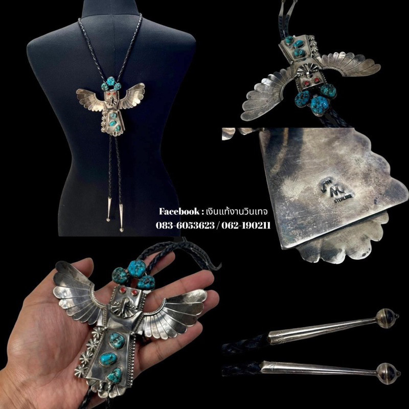 Vintage Sterling Silver Navajo Kachina Bolo Tie Turquoise Coral signed M