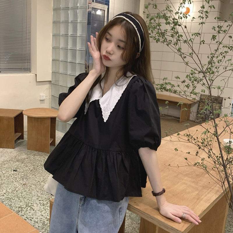 เสื้อแขนสั้นสไตล์เกาหลีใหม่ ดูเพรียวพริ้ม หนุนเทรนด์ฤดูร้อน ดีไซน์พัฟสีดำ