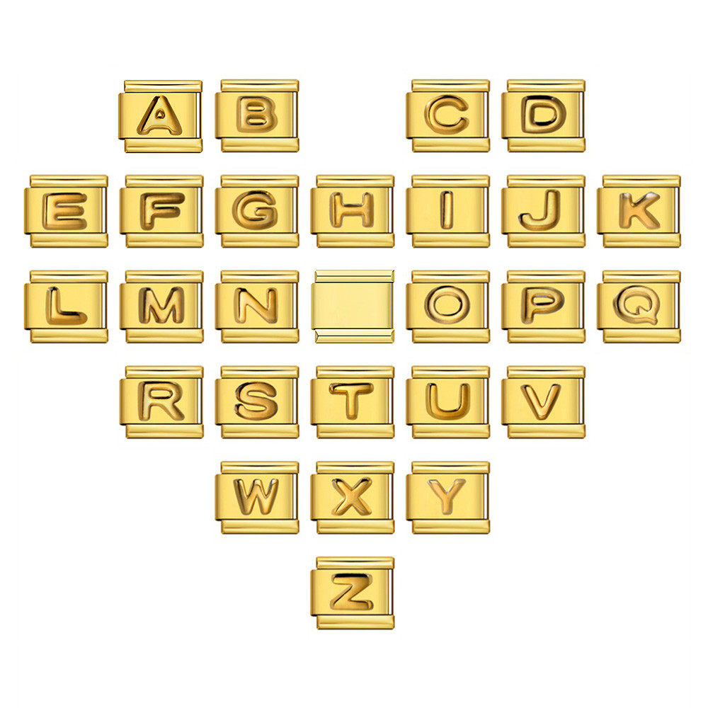 Gold สี 26 ตัวอักษรภาษาอังกฤษ AZ Charm เครื่องประดับอิตาเลี่ยน Links Fit 9 มม.สแตนเลสแฟชั่นลูกปัด DIY ทําสร้อยข้อมือ