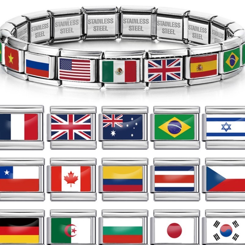 แฟชั่น World National Flag Italian Charm Link Fit 9 มม.สร้อยข้อมือสแตนเลสกําไลข้อมือทําลูกปัด DIY เครื่องประดับ