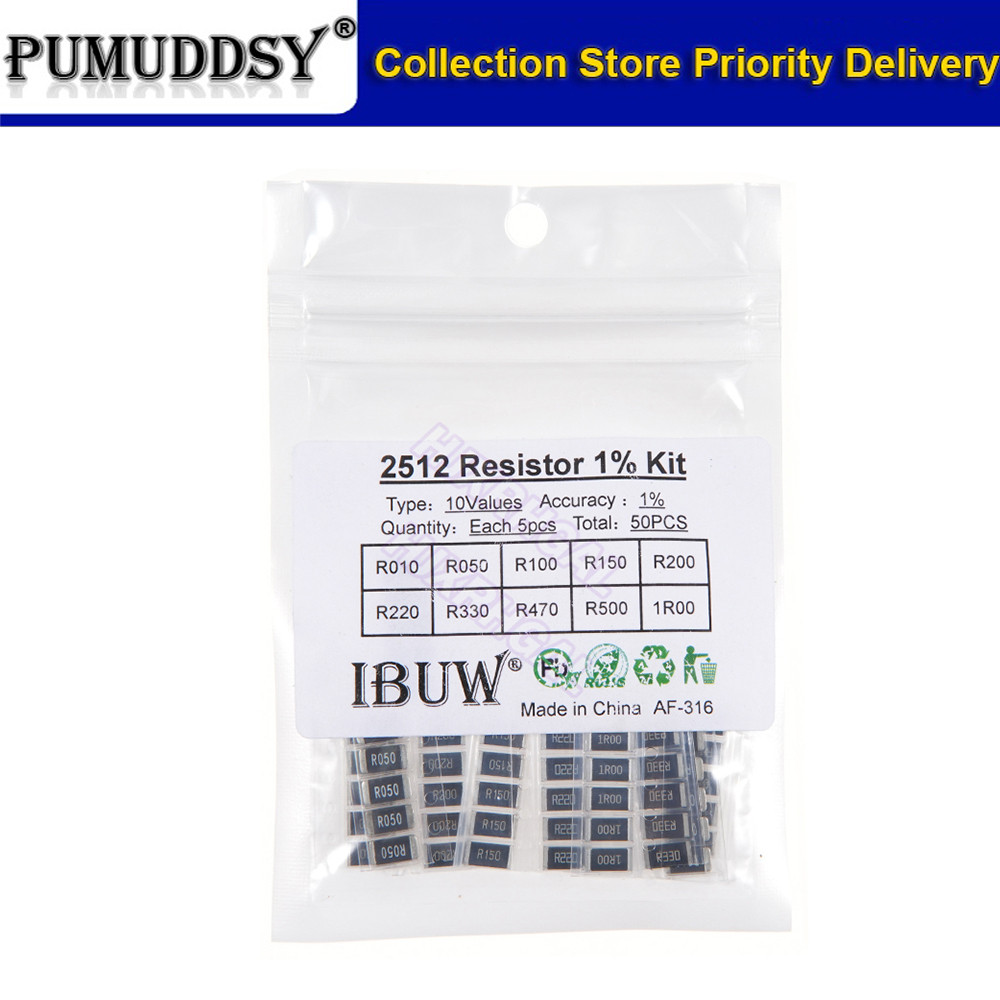 50PCS 1% 2512 SMD ตัวต้านทานตัวอย่างชุด 10 ค่าX5PCS = 50 ชิ้น 1R00 R500 R470 R330 R220 R200 R150 R10