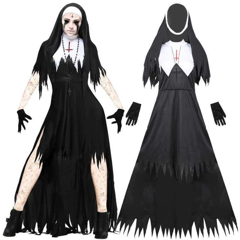 LY Movie The Nun Valak Cosplay Co Halloween Scary Vampire Nun Dress Cross Necklace Uniform Dress Se