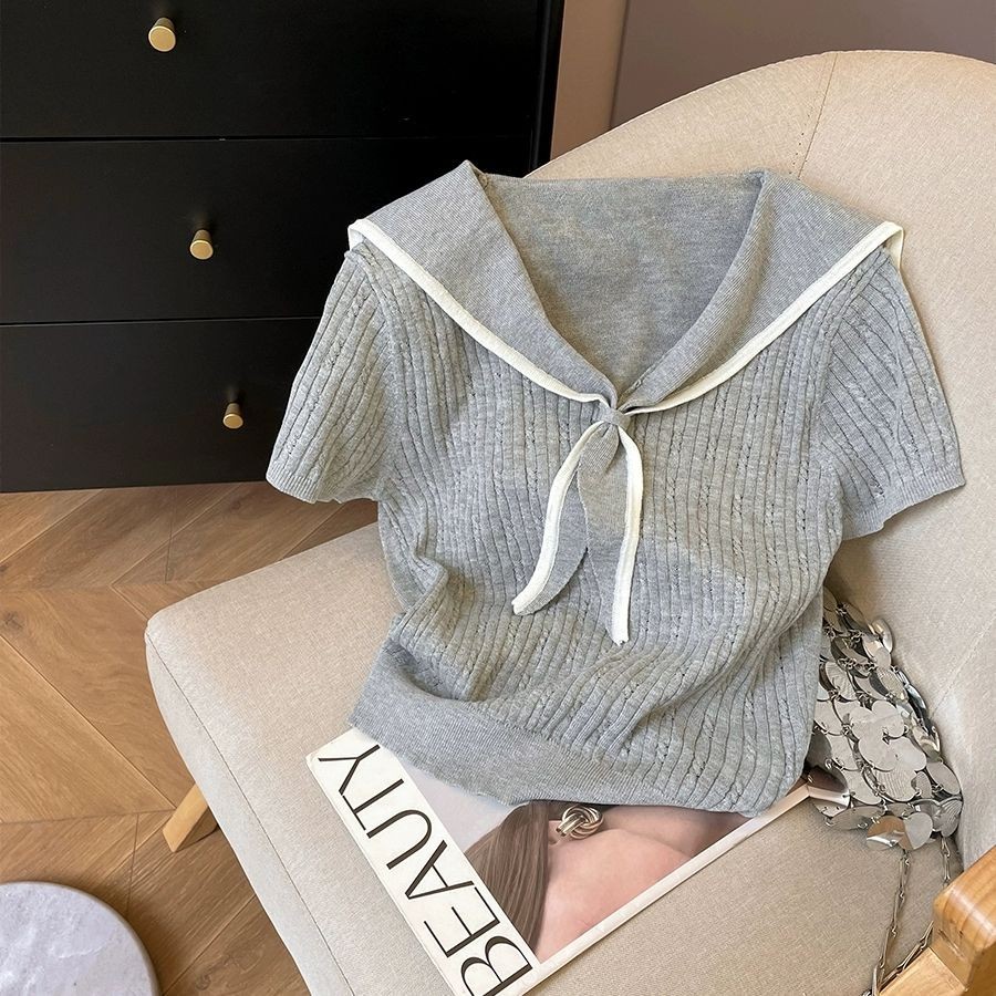 เสื้อถักแขนสั้นผู้หญิง สไตล์เกาหลีลดอายุ แฟชั่นใหม่สำหรับด้านบน