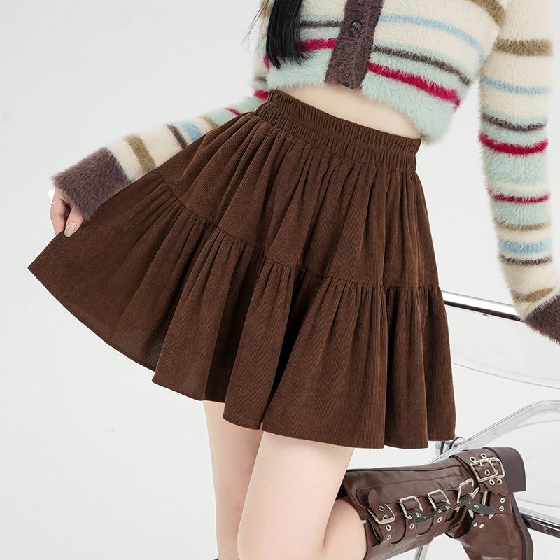 Merad กระโปรงสีกาแฟผู้หญิงสไตล์ใหม่ Elastic เอวสูง Slimmer ดู A-Line All-Match กระโปรงผ้าลูกฟูก