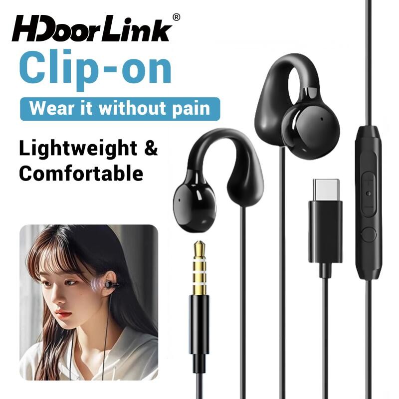 HdoorLink คลิปหูแบบมีสาย Type-C 3.5 มม.หูฟัง Earclip พร้อมไมโครโฟนหูฟังไมโครโฟนต่างหูชุดหูฟังกีฬา
