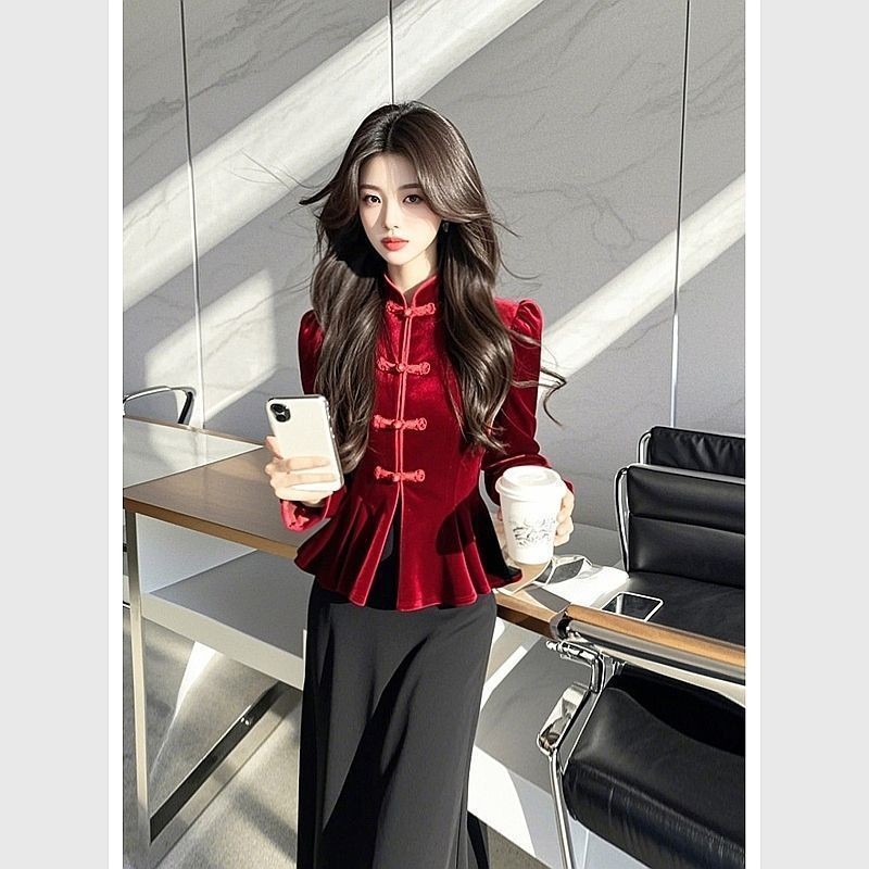 หรูหรา High-End กํามะหยี่สีแดงเสื้อแขนยาวผู้หญิงใหม่สไตล์จีน Slim-Fit สไตล์ฝรั่งเศส C