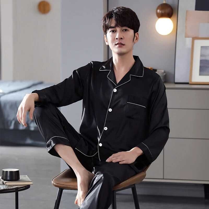 ❤ New Men Pamas Set Silk Satin Sleepwear For Man Shirt Long Sleeve Pijama Male Fashion Soft Lou