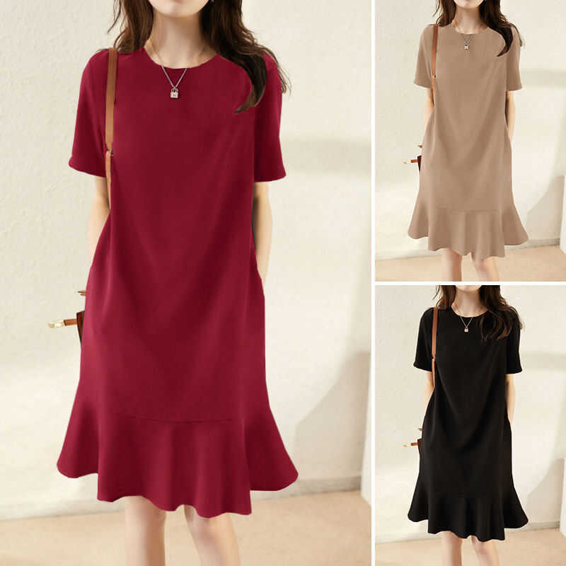 ❤ Esolo ZANZEA Muslimah ผู้หญิงมุสลิมกลางคืนแขนสั้นคอลูกเรือสีทึบหลวม A-Line ชุดยาว Midi KRS