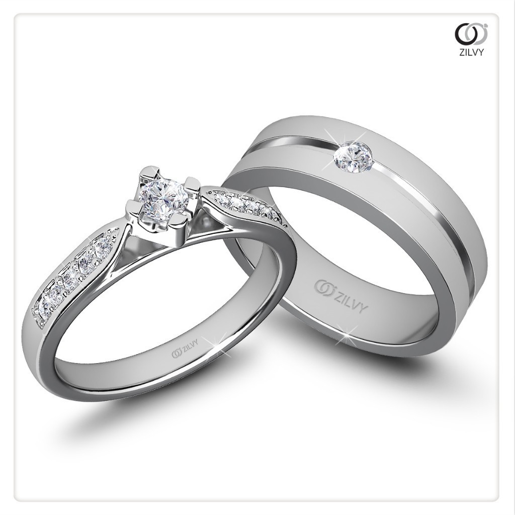 Zlivy - แหวนคู่เพชรน้ำร้อย (GR1074/BR061) ตัวเรือนเงินแท้ชุบทองคำขาว