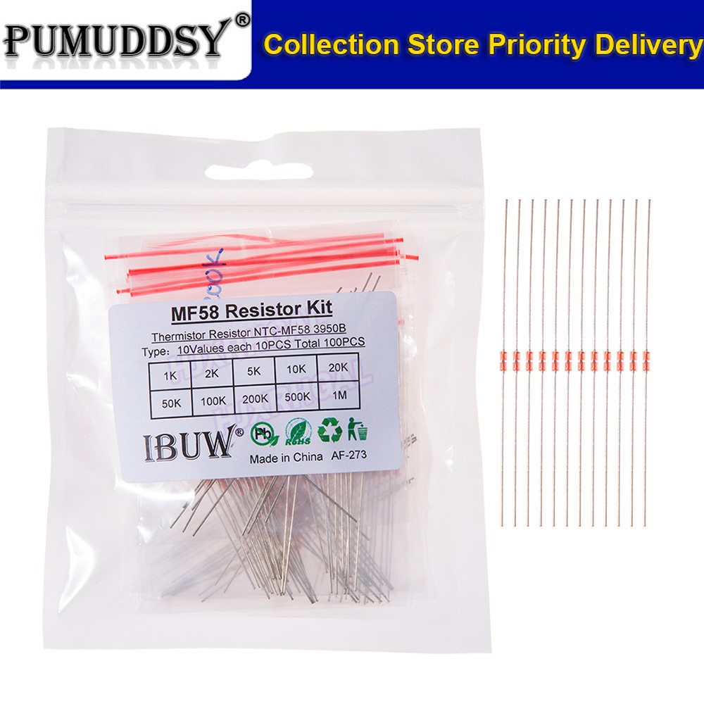 100 ชิ้น = 10 ค่า*10 ชิ้น NTC Thermistor Resistor Kit NTC-MF58 1K 2K 5K 10K 20K 50K 100K 200K 500K 1