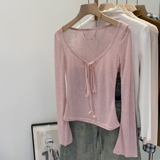 83268 คอวีผูกน้ําหนักเบาโปร่งใสเล็กน้อยเสื้อยืดแขนยาวด้านบน