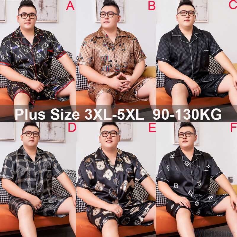 ❤ 620Koean Fashion Men Plus Size 3Xl-5Xl Silk Satin Pyjamas Set Male Shot Sleeve Loose Sleepwea