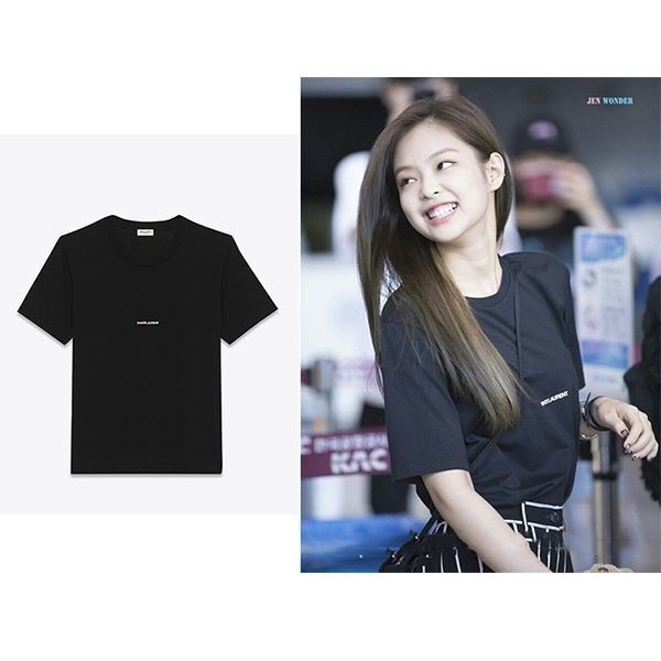 SAINTLAURENT โลโก้ขนาดเล็กพิมพ์หน้าอกทอง Jennie เดียวกันแขนสั้นเสื้อยืดสําหรับผู้ชายและผู้หญิงคู่