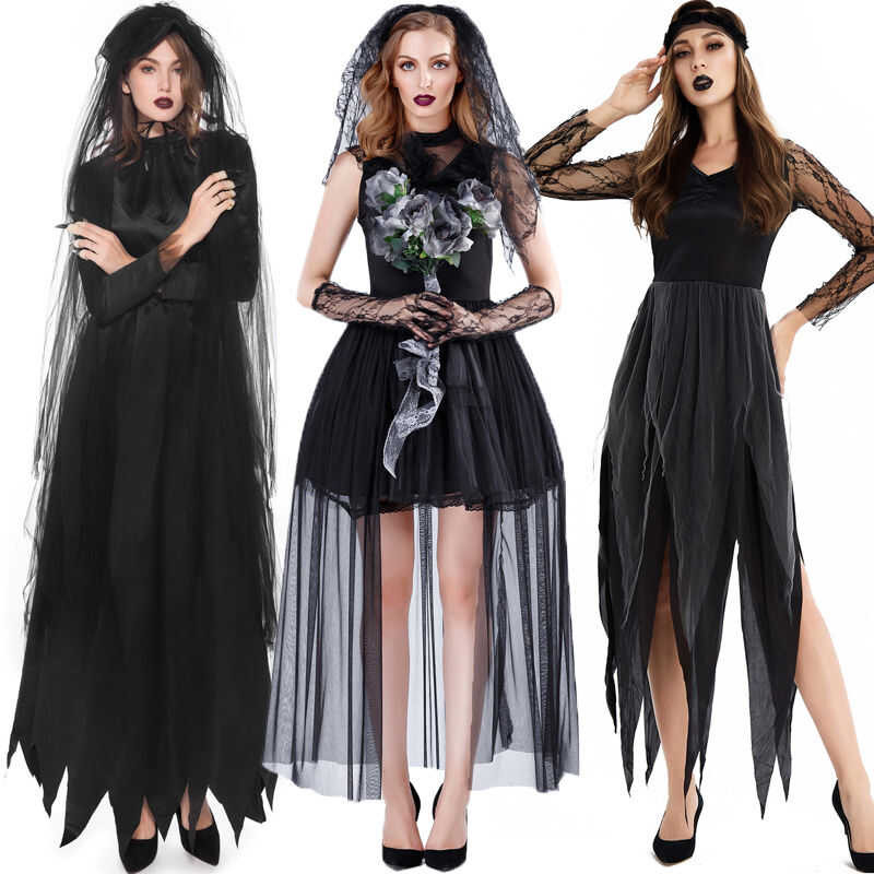 LY Adult Women Ghost Bride Costume Black Witch Vampire Cosplay Dress Halloween Ghost Wedding Dress