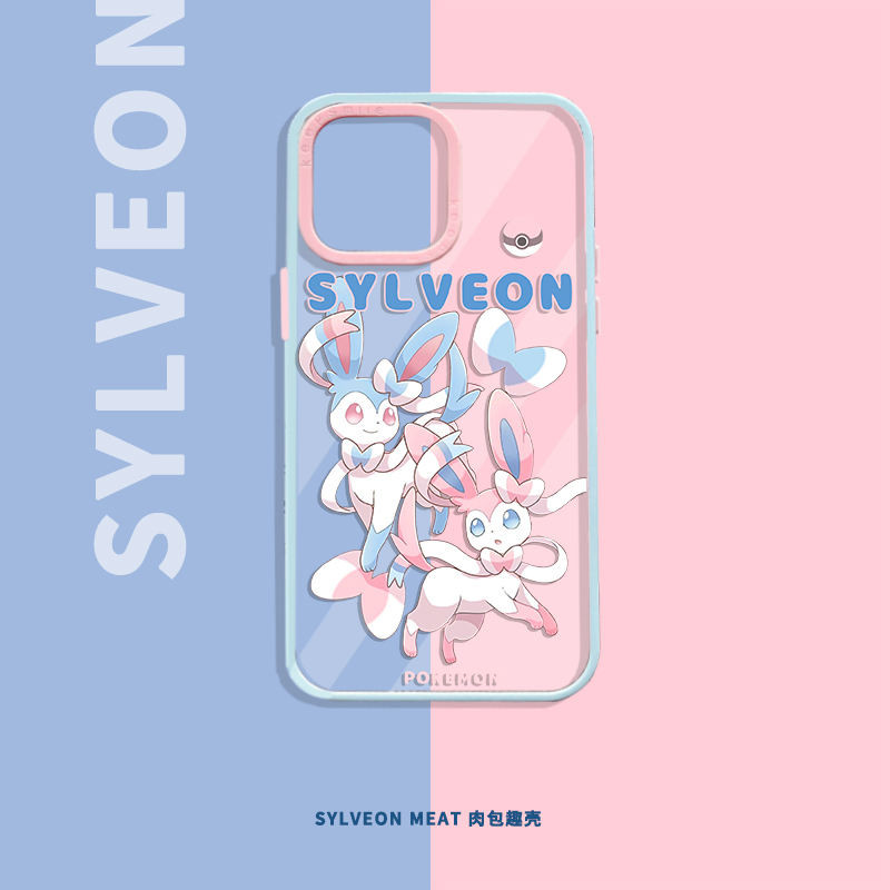 Fairy Eevee อะคริลิค Sylveon Contrast สีเคสโทรศัพท์การ์ตูนสด Creative เหมาะสําหรับ Apple 15pro Pokémon สีชมพูเลนส์ป้องกันกรณี Pokémon ผู้ชายผู้หญิงสไตล์ Shock-proof Blue Case