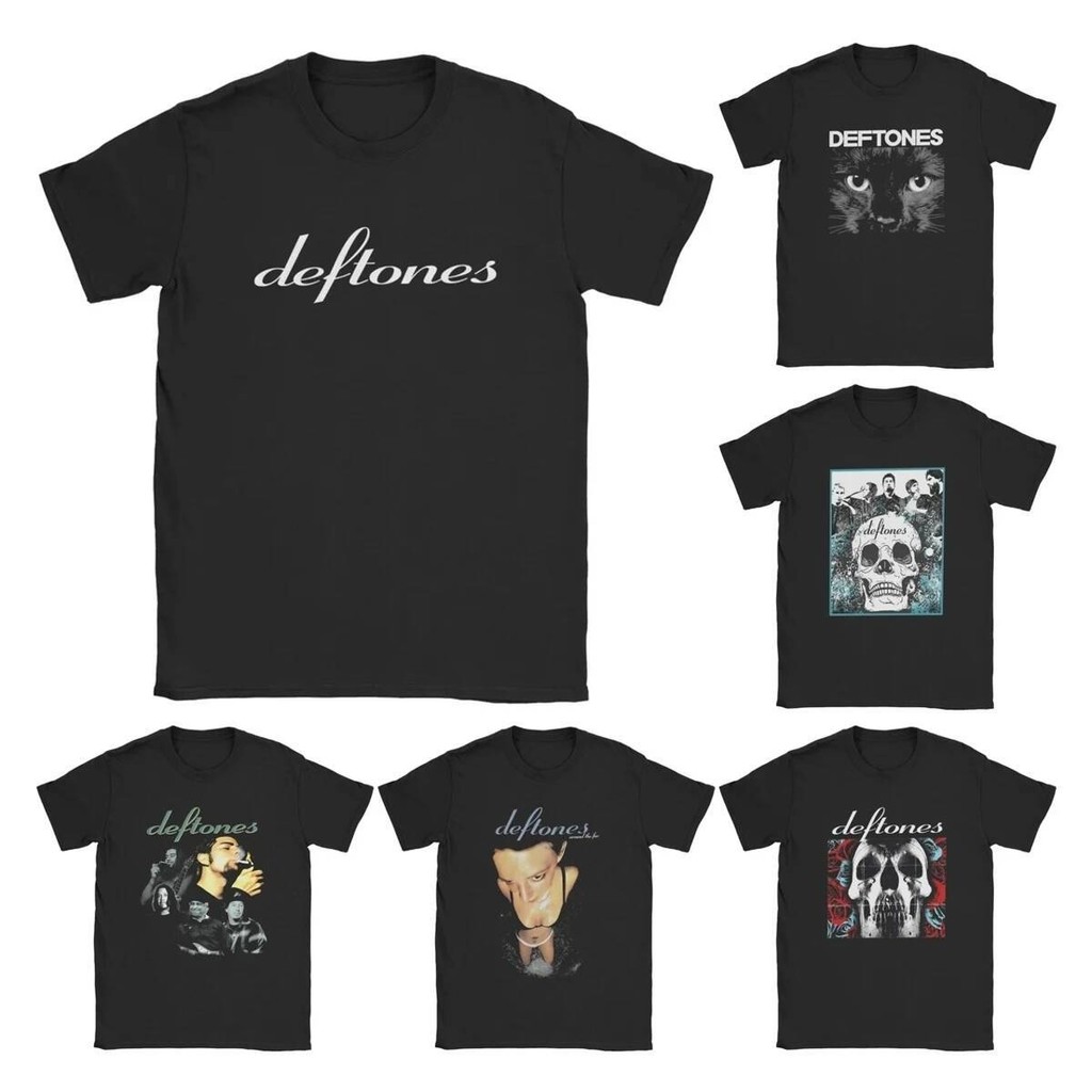 Deftones โลโก้สีขาวเสื้อยืดสำหรับชาย Harajuku Gothic ญี่ปุ่น Vintage Cotton Tee รอบคอดesign แขนสั้น Plus size