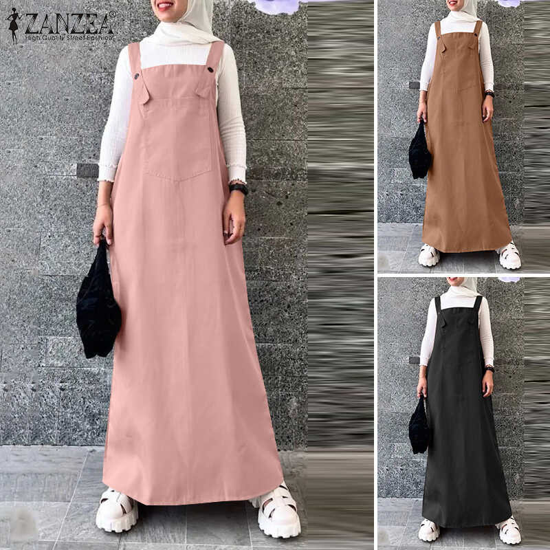 ❤ Esolo ZANZEA มุสลิมผู้หญิงแฟชั่นคอเหลี่ยมชุดเอี๊ยมเนื้อแข็งซันเดรสมีกระเป๋าชุดเดรสบาง MLS #10