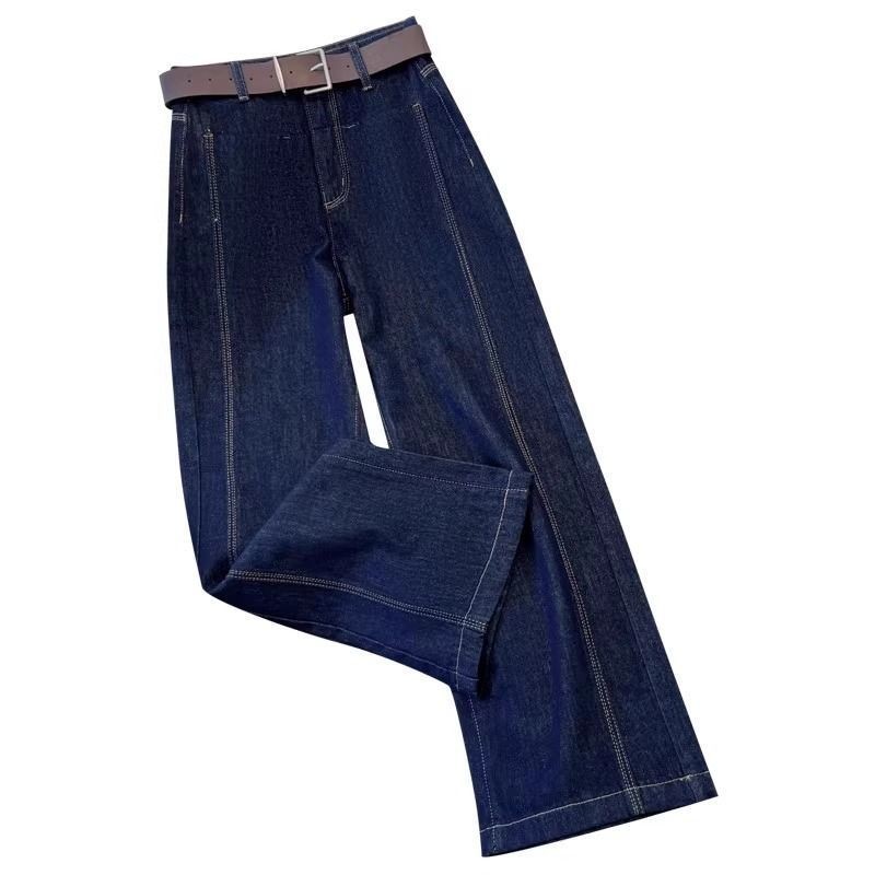 Retro Denim Dark Blue Top Line กางเกงยีนส์ขากว้างเอวสูงผู้หญิงสไตล์ใหม่กางเกงตรงกลางสายหลวม
