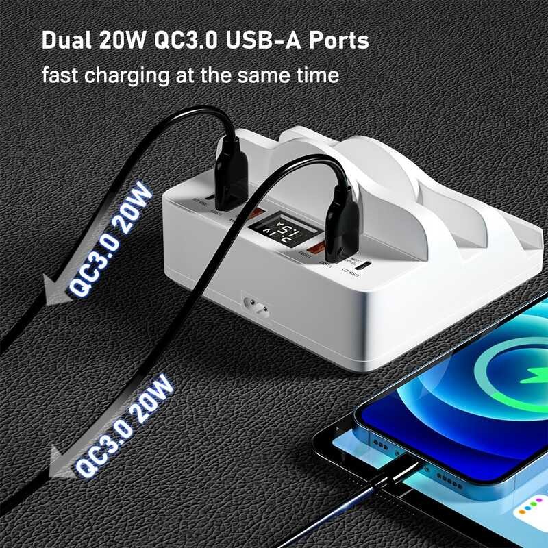 ❥ Asometech แท่นชาร์จ80w 6พอร์ต USB พร้อมที่ชาร์จไร้สายแบบ