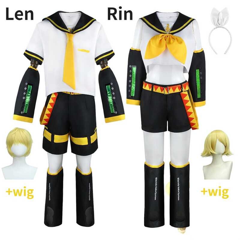 LY Anime Rin Len Cosplay Costumes Halloween Uniform Kagamine Rin Len Sets Tops+Shorts Wig