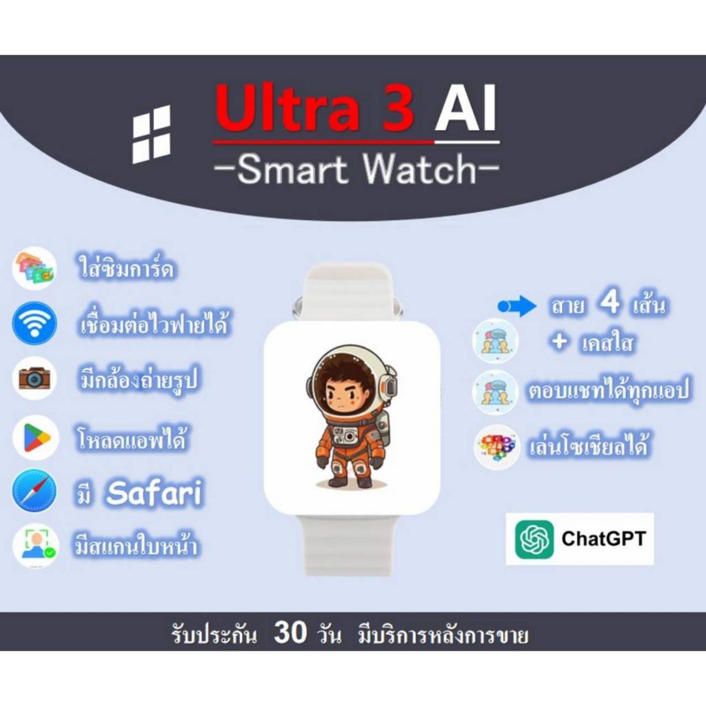 าฬิกา Smartwatch รุ่น Ultra3Ai 5G ใส่ซิม สาย4เส้น แถมเคสใส ตอบแชทต่างๆได้ทุกแอพ