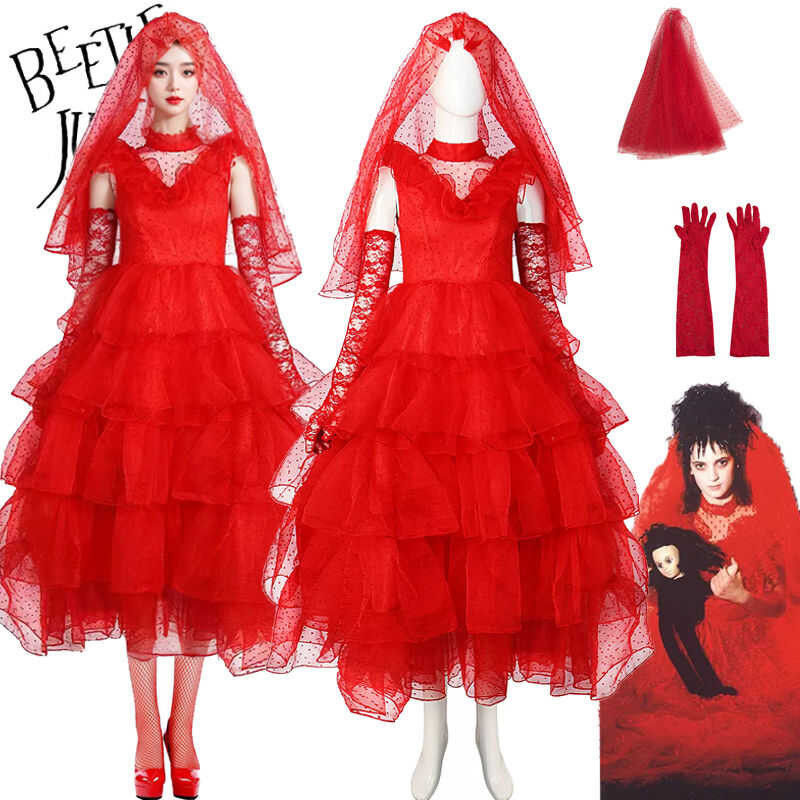 LY Movie Beetle Juice Lydia Cosplay Costume Halloween Horror Red Wedding Dresses Stage Drama Fantas