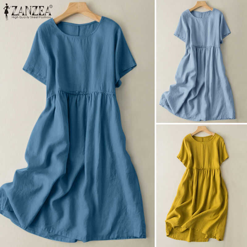 ❤ Esolo ZANZEA Muslimah ผู้หญิงชุดมุสลิมแขนสั้นธรรมดา O คอชุดเสื้อคลุมลำลองหลวมมินิเดรส KRS #2