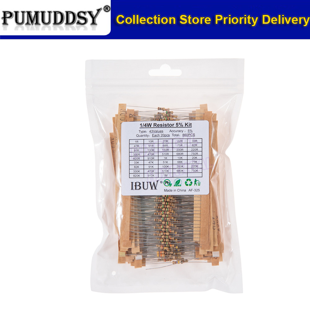 860 ชิ้น/ล็อต Carbon Film resistor kit 1/4W 5% resistors ชุดสารพัน 43 ค่า * 20 ชิ้นความต้านทาน 1R - 