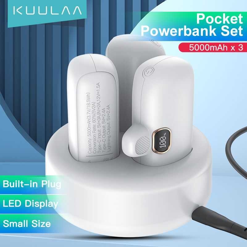 ❤ KUULAA 3Pcs 20W 5000Mah พาวเวอร์แบงค์ Kit With Wireless Charging Station Charger Built-In Cab