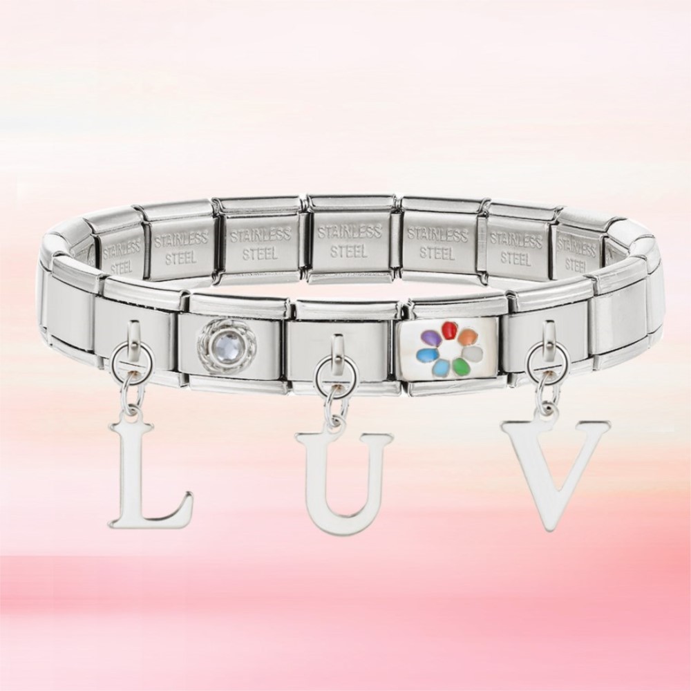 สร้อยข้อมือเงินแฟชั่น สแตนเลสตัวอักษรภาษาอังกฤษ 26 อักษร Italian Charm ขนาด 9 มม. DIY เครื่องประดับ