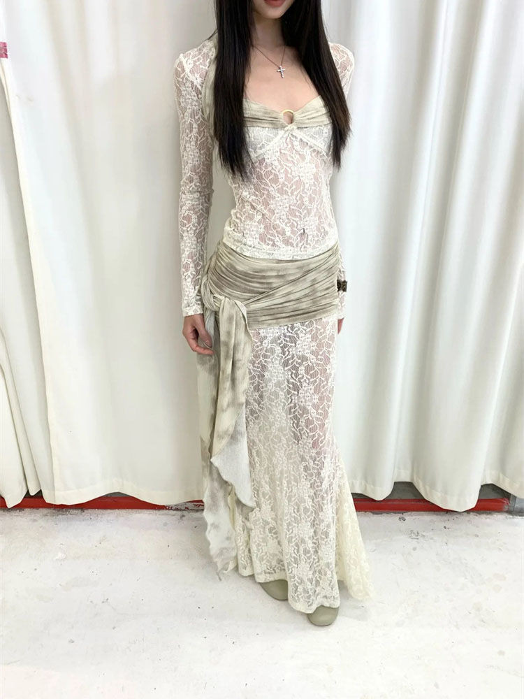 Shanmieleng French Classy Lace Stitching แขนยาวฤดูใบไม้ร่วงสไตล์ใหม่เซ็กซี่สาวร้อนกระโปรงชุดสองชิ้น