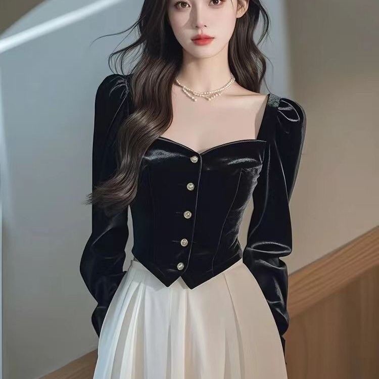 ฝรั่งเศส Retro กํามะหยี่ผู้หญิงสไตล์ใหม่สแควร์คอ Slim-fit Slimmer ดูคลาสสิกออกแบบเสื้อ Retro Top