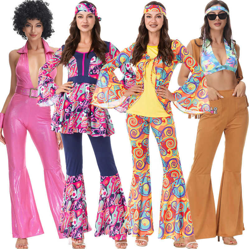 LY Women Vintage 60S 70S Hippie Cosplay Costume Disco Music Festival Jumpsuit Outfit Halloween Part