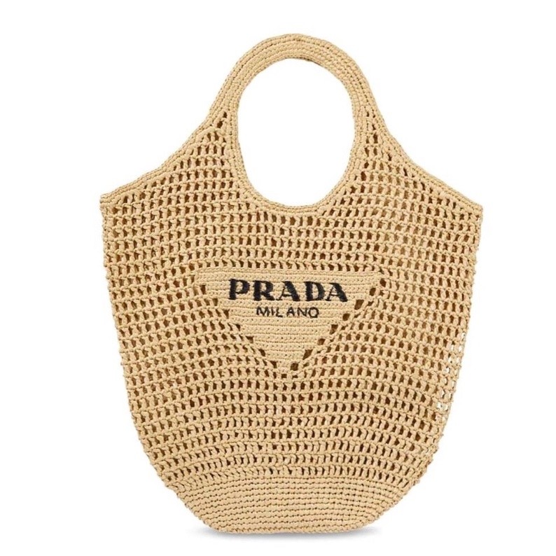 กระเป๋าสะพายแบรนด์เนมพร้อมส่งPrada Logo raffia tote bagเทพ size 51x45x12 cm.