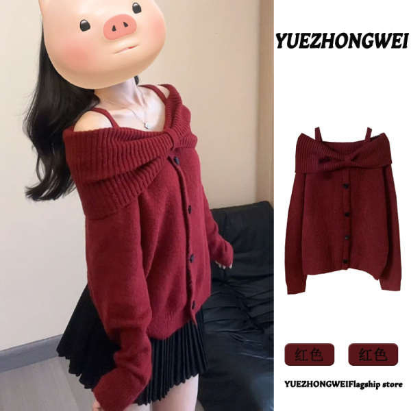 2024 mardi sweater christmas sweater เสื้อสเวตเตอร์ผูกโบว์ไหล่เดียวสีแดงคริสต์มาสสำหรับผู้หญิงเสื้อ