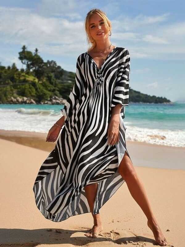 ❤ New Sexy Zebra Striped Cover-Ups Casual V-Neck Side Split Summer Dress Women Wear Swim Suit U