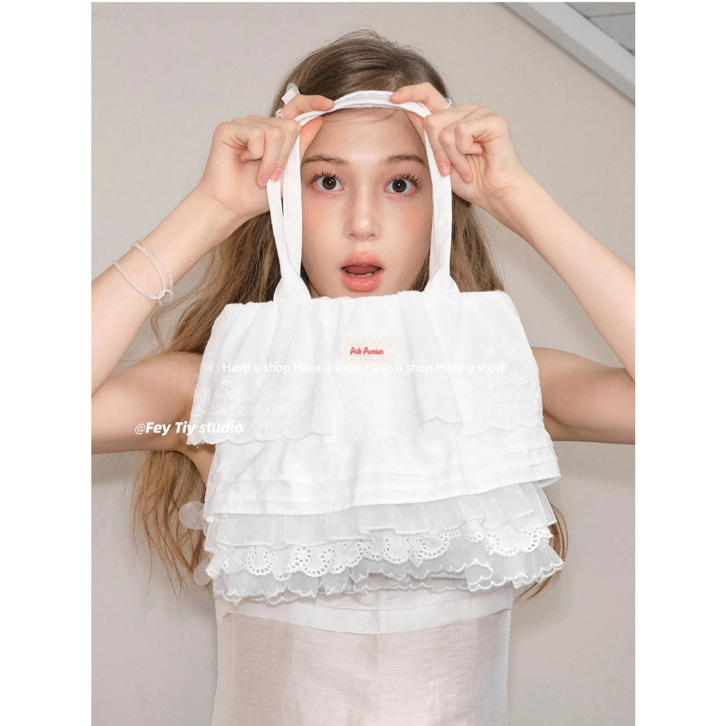 Have u shop Pure Cotton Lace Cloth Bag Shoulder Handbag Decorative Girl Tote Bag Korea