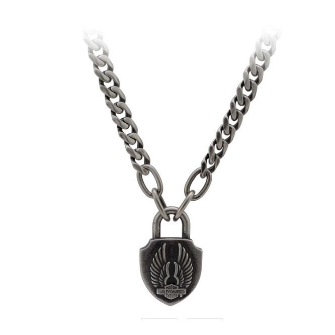 สร้อยคอ Harley-Davidson® Men's Deadlock Wings Padlock Chain Necklace - Stainless Steel HSN0092