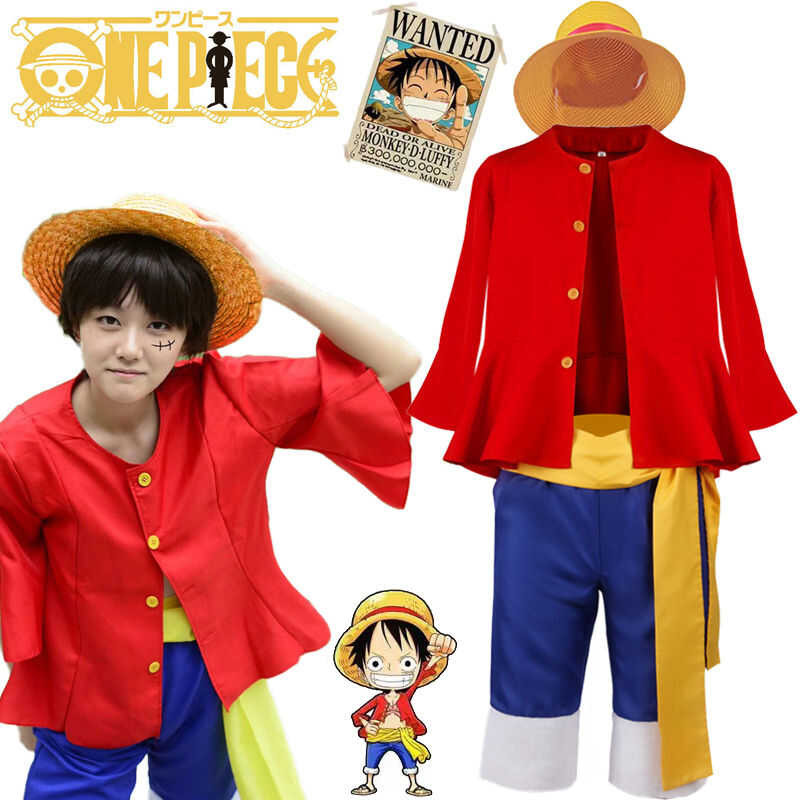 LY Anime One-Piece Monkey D Luffy Cosplay Costume For Adult Kids Boy Luffy Straw Hat Tops Pants Out