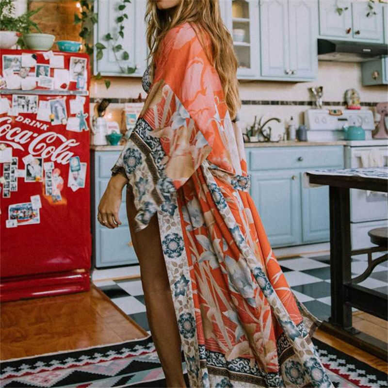 ❤ 2023 Boho พิมพ์ Pareo Cardigans Robe De Plage V คอ Waistbelt Kimono ชุดว่ายน้ำที่คลุม Ups ขนา