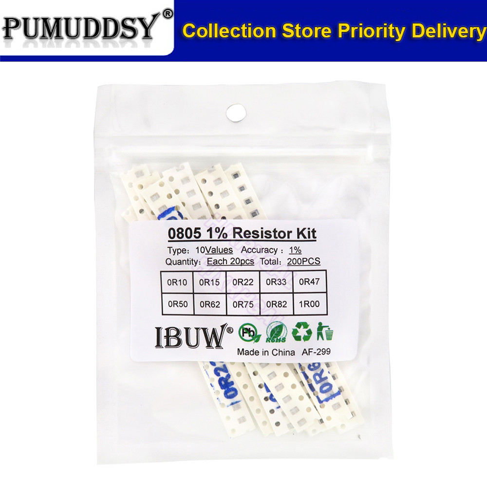 200PCS 1% 0805 ตัวต้านทาน SMD ชุดคละชุด 10 ค่าX20pcs = 200pcs 1R00 R820 R750 R620 R500 R470 R330 R22