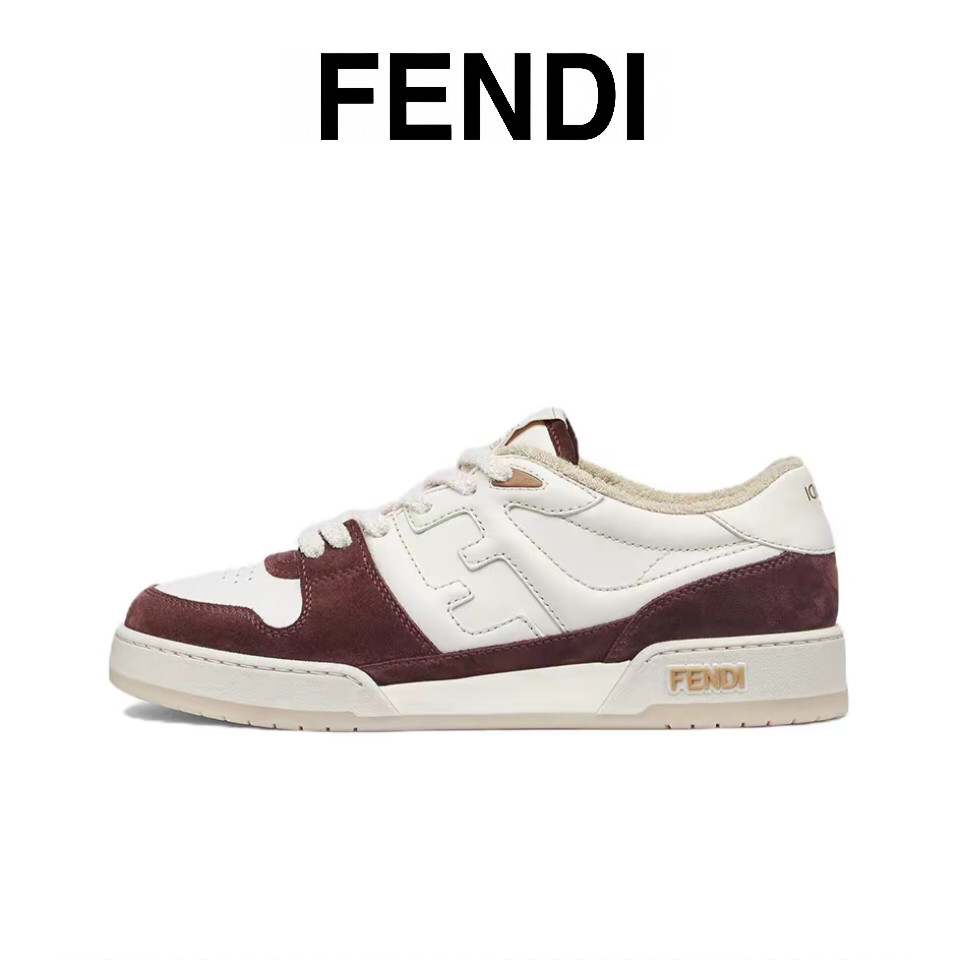 Fendi Match รองเท้าผ้าใบแฟชั่นหนังกลับสำหรับบุรุษและสตรีรองเท้าลำลองสีขาวและสีแดง