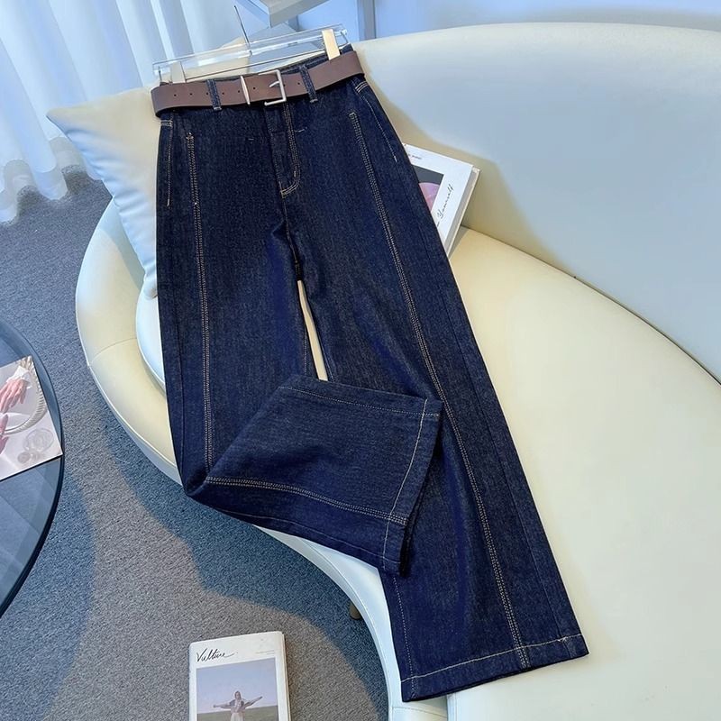 Retro Denim Dark Blue Top Line กางเกงยีนส์ขากว้างเอวสูงผู้หญิงสไตล์ใหม่กางเกงตรงกลางสายหลวม
