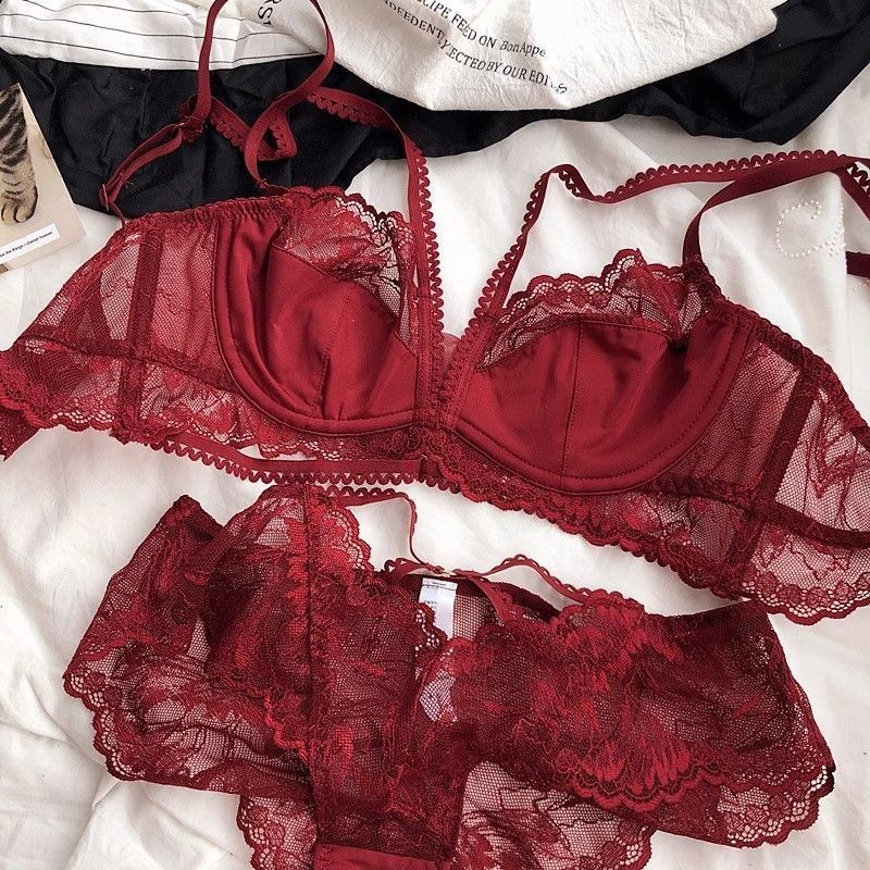 เซ็กซี่ลูกไม้ Laced-Up ชุดชั้นในสตรีแหวนเหล็กนุ่มหน้าอกใหญ่ดูขนาดเล็ก Anti-Sgging Ultra-Thin Bra ชุด